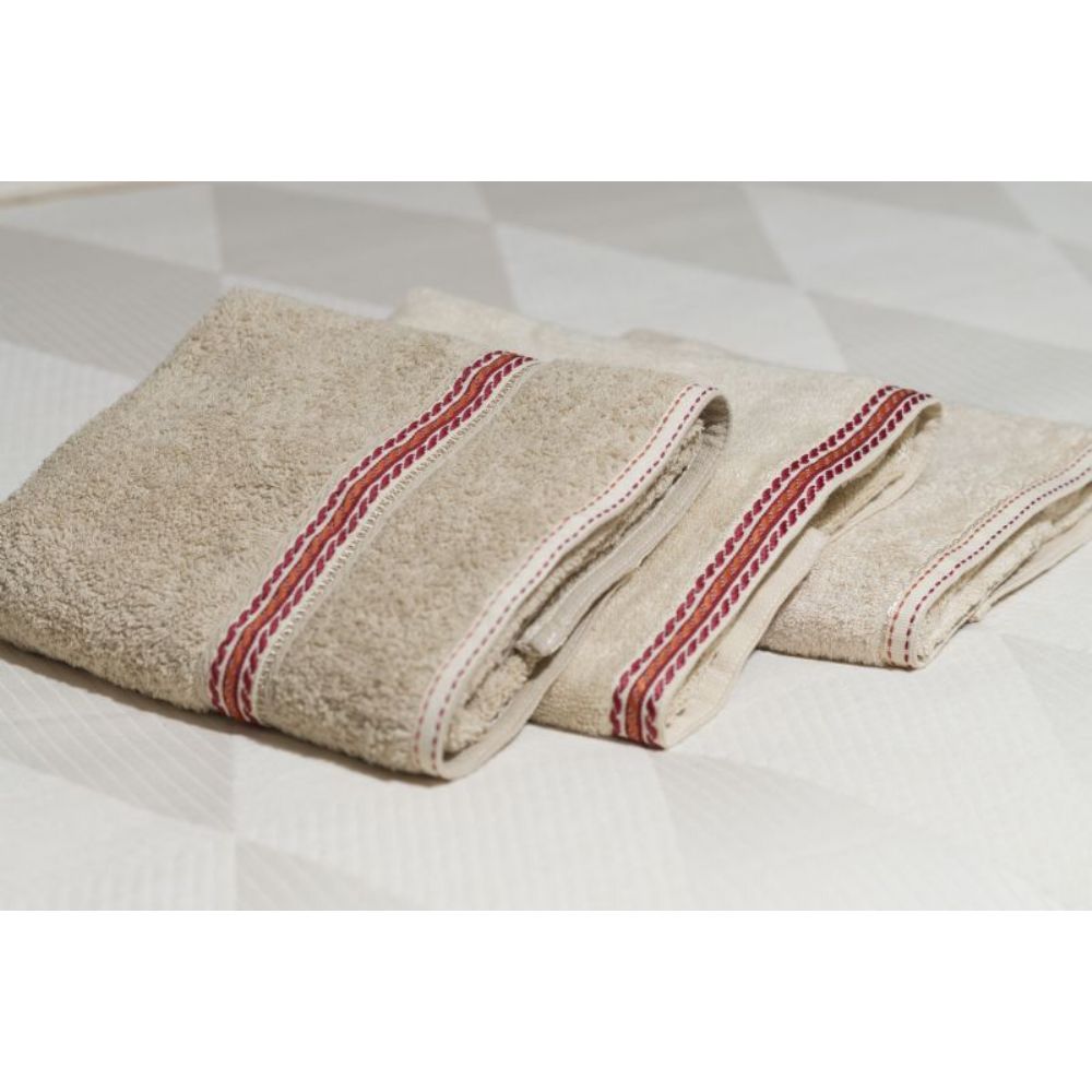 DOKUMA ŞERİTLİ BEJ HAVLU %100 PAMUK 600 GSM 30X50